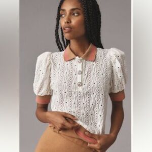 Maeve Puff-Sleeve Lace Polo Top
